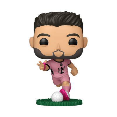 Figura Funko Pop de jogador de futebol com uniforme rosa a chutar bola branca.