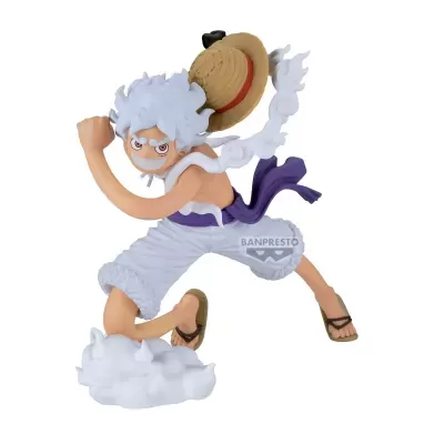 Figura de ação personagem cabelo branco chapéu palha calções brancos faixa roxa sandálias base nuvem BANPRESTO