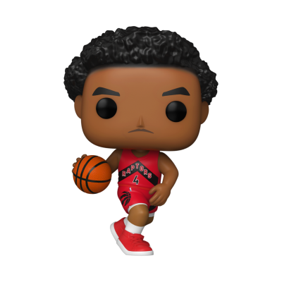 Boneco Funko Pop jogador Raptors número 4 com bola de basquetebol.