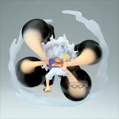 Figura de personagem com chapéu de palha e efeitos de explosão em fundo cinza