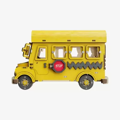 Brinquedo de veículo escolar amarelo com detalhes cinza e placa STOP