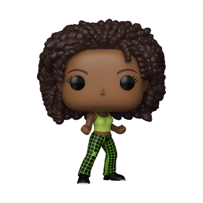 Funko Pop de mulher com cabelo encaracolado, camiseta verde e calças xadrez verde e preto.
