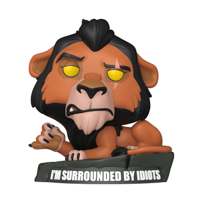 Figura Funko Pop de leão com base cinzenta e texto IM SURROUNDED BY IDIOTS.