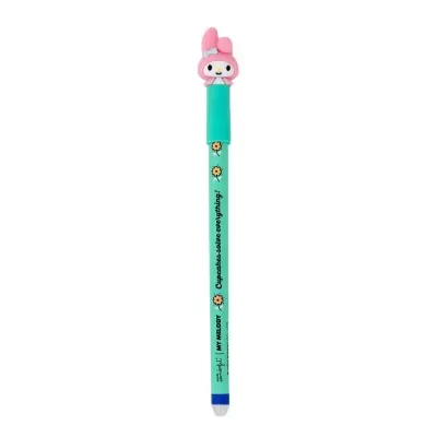 Caneta verde com decoração de flores e tampa com personagem cor-de-rosa