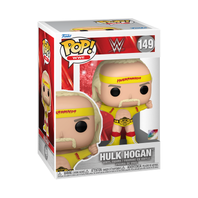 Funko Pop de Hulk Hogan em caixa com design vermelho e branco, número 149, com fato de luta amarelo e vermelho