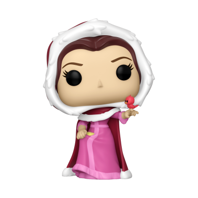 Figura Funko Pop de personagem feminina com vestido rosa e capa vermelha com capuz branco