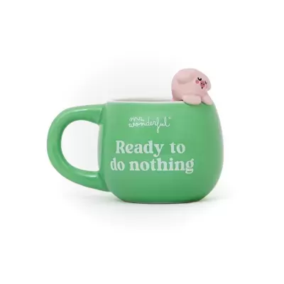 Caneca verde com figura rosa e texto branco mr. wonderful Ready to do nothing