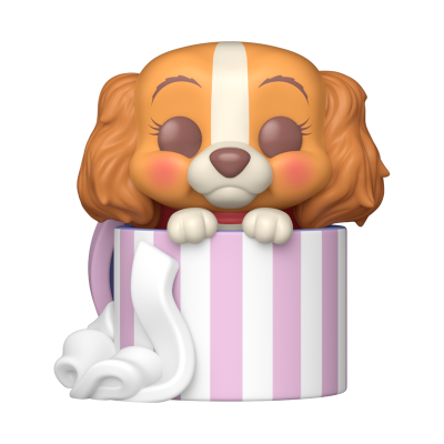 Figura de cão na caneca rosa com riscas e lenço branco