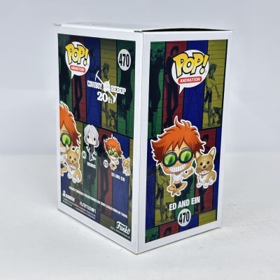 Caixa branca de Funko Pop Animation com personagem ED AND EIN de Cowboy Bebop número 470