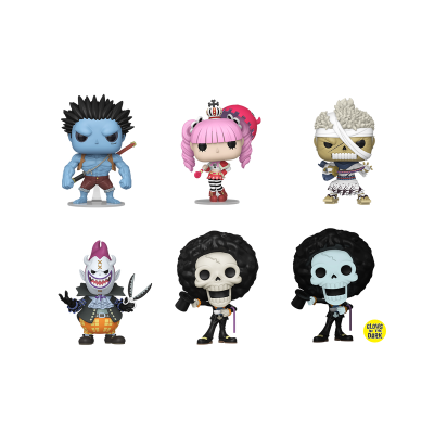 Seis figuras Funko Pop de personagens de desenhos animados em diferentes cores e acessórios.