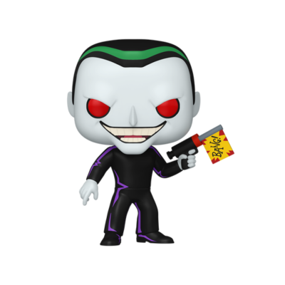 Figura Funko Pop com pele branca e olhos vermelhos, fato preto com detalhes roxos e pistola com bandeira BANG