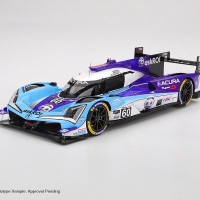 Carro de corrida modelo Acura TYPE S azul, roxo e branco com número 60 sobre fundo branco