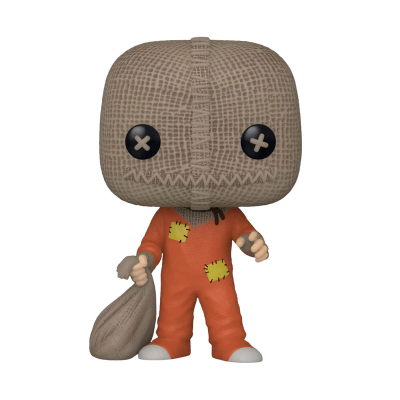 Figura colecionável Sackboy com cabeça de tecido bege e macacão laranja