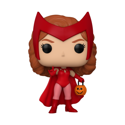 Funko Pop personagem feminina cabelo ruivo fato vermelho máscara e capa segurando cesta de Halloween