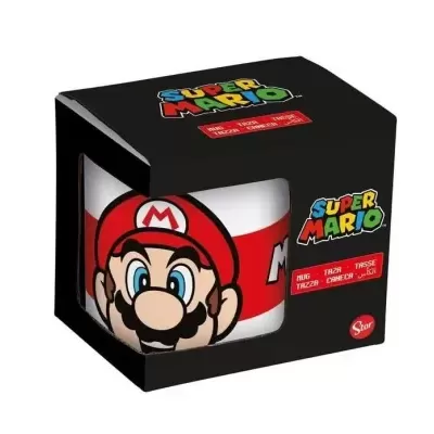 Caneca Super Mario em caixa preta com logotipo colorido e rosto do personagem Mario na caneca