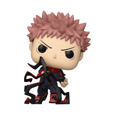 Figura colecionável estilo Funko Pop com cabelo rosa, roupa azul e vermelha e acessórios pretos e vermelhos.