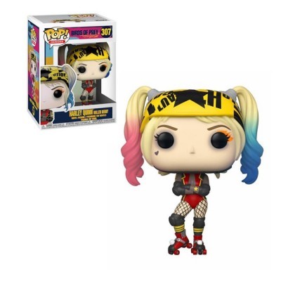 Figura Funko Pop Harley Quinn com cabelo trançado colorido e roupa vermelha e preta