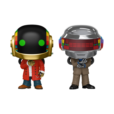 Duas figuras tipo Pop vinyl com capacetes futuristas e roupa colorida