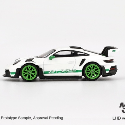 Miniatura de carro desportivo branco com detalhes verdes