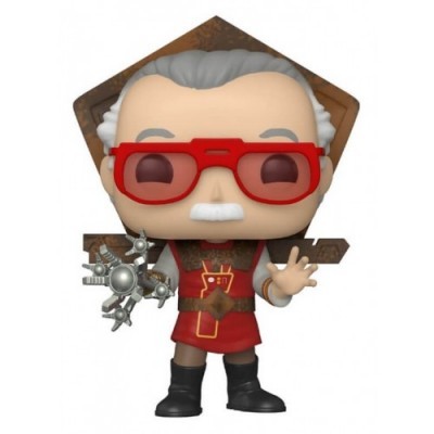 Figura Funko Pop com cabelo cinzento, óculos vermelhos e roupa vermelha
