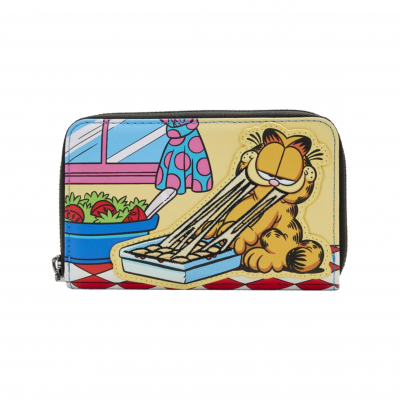 Carteira com imagem do Garfield lambendo prato