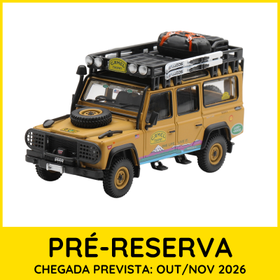 Modelo de carro Land Rover Defender amarelo castanho com acessórios no tejadilho