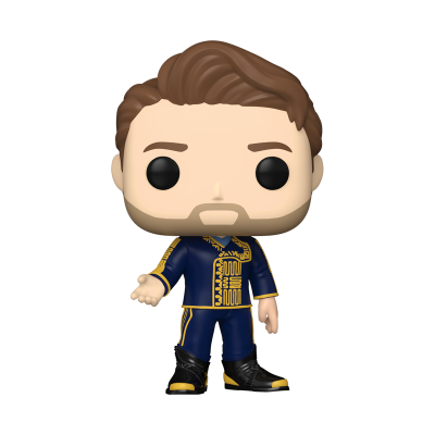 Figura Funko Pop masculina com fato azul e detalhes amarelos