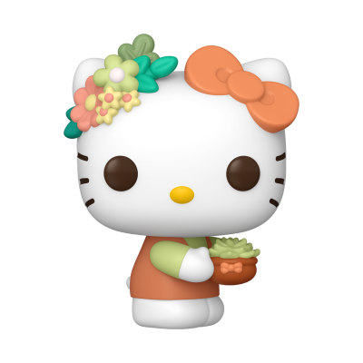 Figura colecionável Funko Pop Hello Kitty com laço laranja e flores na cabeça segurando vaso de plantas