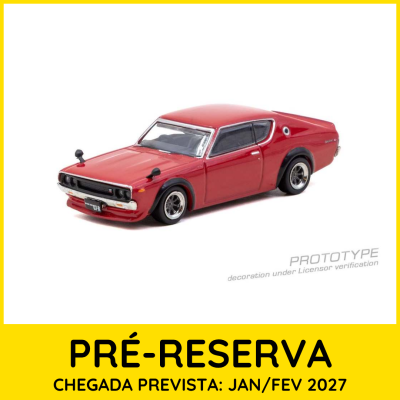 Miniatura de carro clássico vermelho em fundo branco com texto de pré-reserva em amarelo