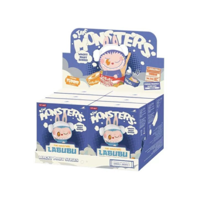 Embalagens azuis do produto The Monsters Labubu com desenho de personagem cartoon com chifres