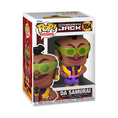 Boneco Funko Pop Da Samurai da série Samurai Jack com óculos verdes e colete amarelo em caixa