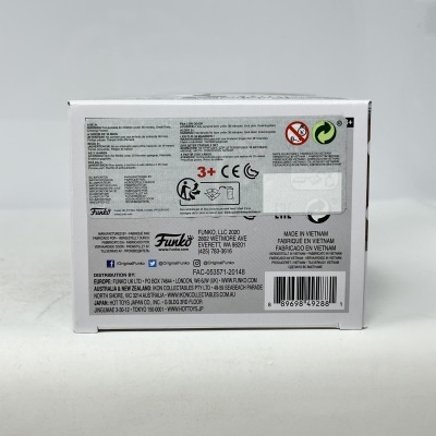 Embalagem de produto Funko branca com textos em várias línguas e código de barras