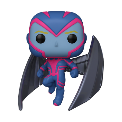 Funko Pop personagem azul com fato azul e rosa e asas cinzentas.
