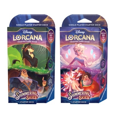 Dois decks iniciais Disney Lorcana Shimmering Skies com personagens coloridos