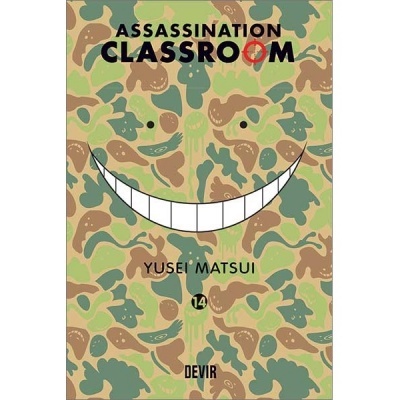 Capa de livro camuflada com sorriso grande e texto Assassinaton Classroom