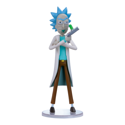 Figura de ação do personagem Rick com jaleco branco e arma prateada em base transparente
