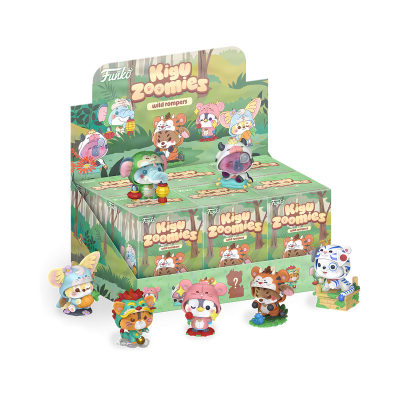 Caixa de figuras colecionáveis Funko Kigu Zoomies e 6 figuras à frente em várias roupas de animais.