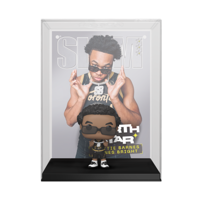 Figura colecionável Funko Pop à frente de capa da revista SLAM com jovem vestindo regata preta e óculos escuros