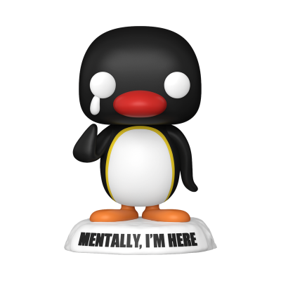 Figura de pinguim preta com barriga branca e bico vermelho, em base branca com texto