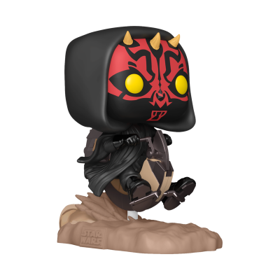 Figura Funko Pop Darth Maul com máscara preta e vermelha, capa preta, chifres dourados e base com logo Star Wars