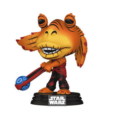 Figura Funko Pop Jar Jar Binks de Star Wars com bastão azul e base preta