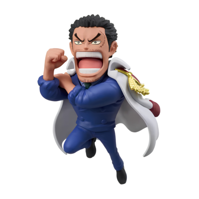 Figura de ação masculina com traje azul e capa branca com ornamento dourado