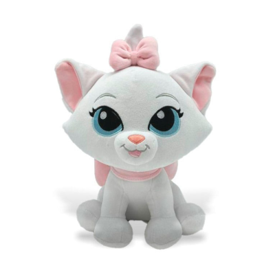 Peluche de gato cinzento com fita rosa na cabeça sentado