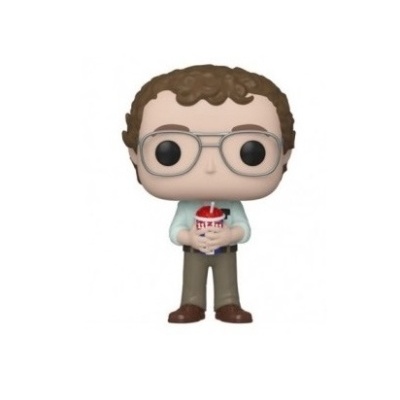 Figura Funko Pop masculina com cabelo castanho e óculos segurando uma bebida