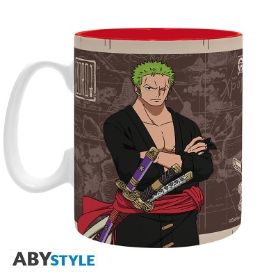 Caneca de cerâmica com personagem de anime e mapa castanho de fundo