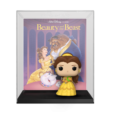 Figura Funko Pop da Bela com vestido amarelo em caixa transparente com fundo ilustrado de Beauty and the Beast