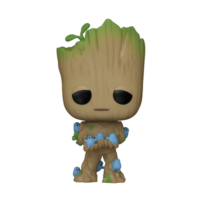 Figurinha Funko Pop Groot de vinil com detalhes em verde e castanho segurando pequenos bonecos azuis