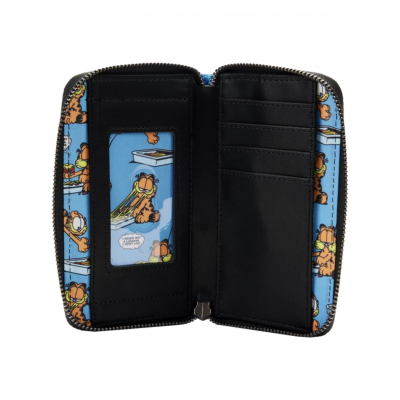 Carteira aberta com padrão do Garfield e interior preto com slots para cartões