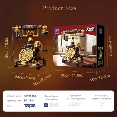 Telefone retro dourado e castanho com caixa e especificações visíveis