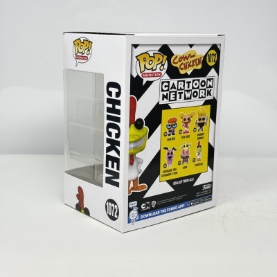 Caixa figura Pop! Animation 1072 Cartoon Network Chicken com janela transparente e gráficos coloridos